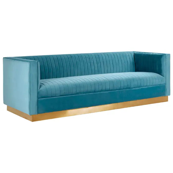 Opal 3 Seater Sofa, Light Blue Velvet, Wooden Legs, Lined Design, Backrest