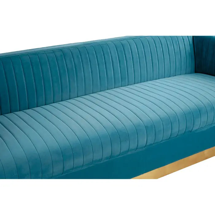 Opal 3 Seater Sofa, Light Blue Velvet, Wooden Legs, Lined Design, Backrest