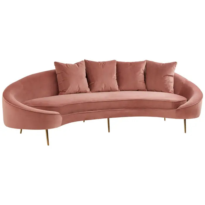 Osdin 4 Seater Sofa, Salmon Pink Velvet, Gold Stainless steel Legs, Curved Backrest, 4 Matching Cushions