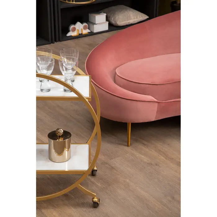 Osdin 4 Seater Sofa, Salmon Pink Velvet, Gold Stainless steel Legs, Curved Backrest, 4 Matching Cushions
