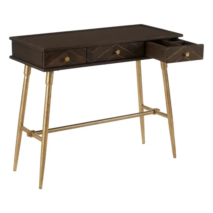 Sagor Console Table, Gold Iron Legs, Wood Top, 3 Drawer
