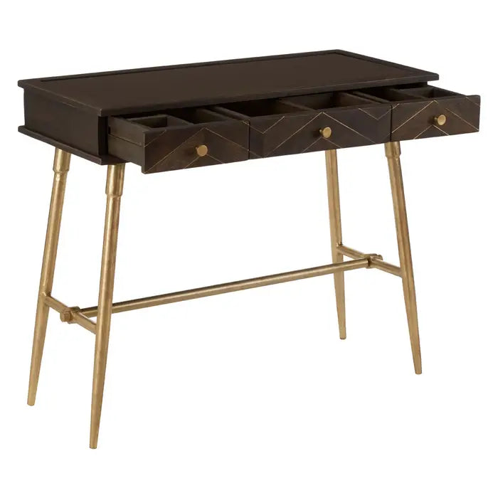 Sagor Console Table, Gold Iron Legs, Wood Top, 3 Drawer