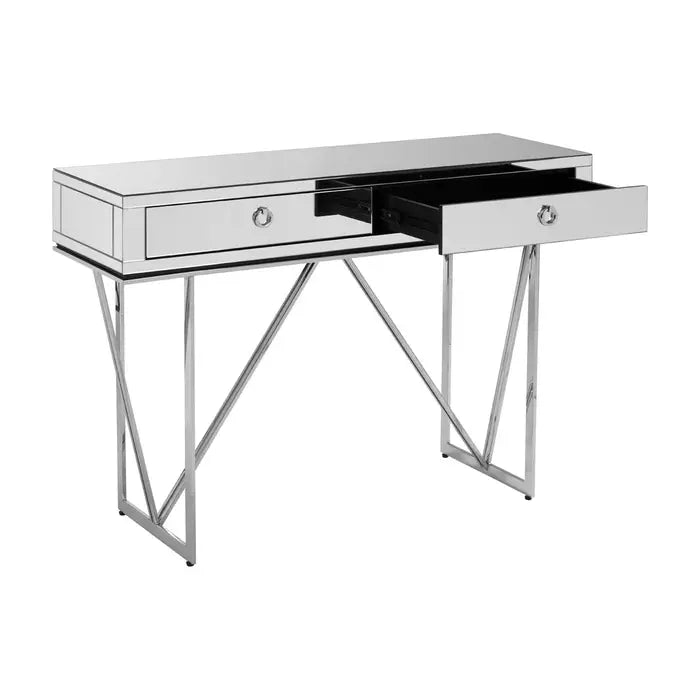 Rovo Console Table, Silver Stainless Steel Legs, Glass Top, 2 Drawer