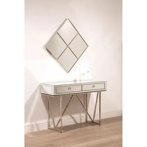 Rovo Console Table, Silver Stainless Steel Legs, Glass Top, 2 Drawer
