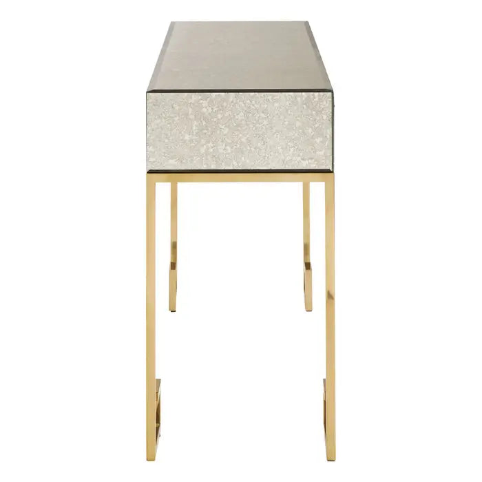 Rieti Console Table, Gold Metal Legs, Antique Mirrored Glass, 2 Drawer