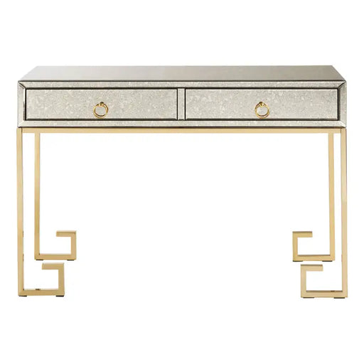 Rieti Console Table, Gold Metal Legs, Antique Mirrored Glass, 2 Drawer 