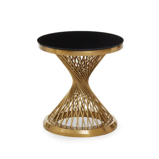 Anzio Side Table, Gold Metal Frame, Round Top, Smooth Black Glass