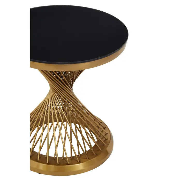 Anzio Side Table, Gold Metal Frame, Round Top, Smooth Black Glass