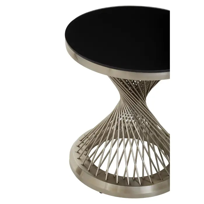 Anzio Side Table, Silver Metal Frame, Round Top, Smooth Black Glass