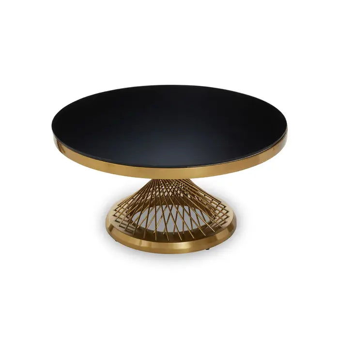 Anzio Coffee Table, Gold Metal Frame, Black Round, Glass Top