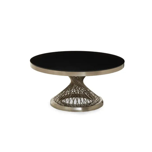 Anzio Coffee Table, Silver Metal Frame, Glass Top, Black Round 