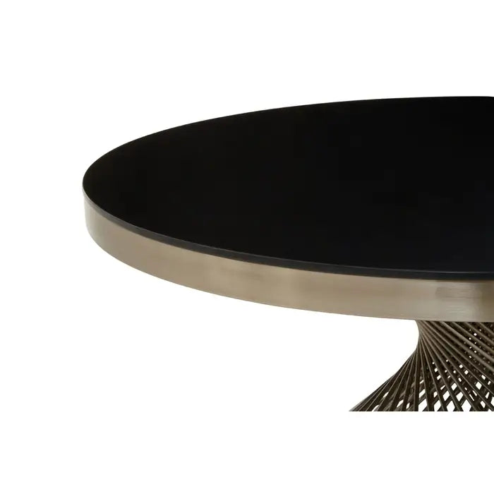 Anzio Coffee Table, Silver Metal Frame, Glass Top, Black Round