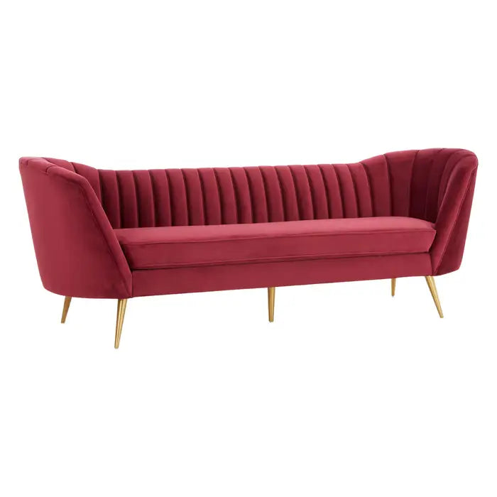 Binky 3 Seater Sofa, Red Wine Velvet, Gold Metal Legs, Flared Shoulders