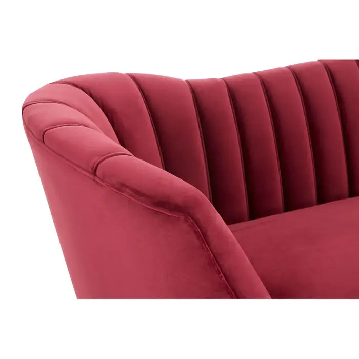 Binky 3 Seater Sofa, Red Wine Velvet, Gold Metal Legs, Flared Shoulders