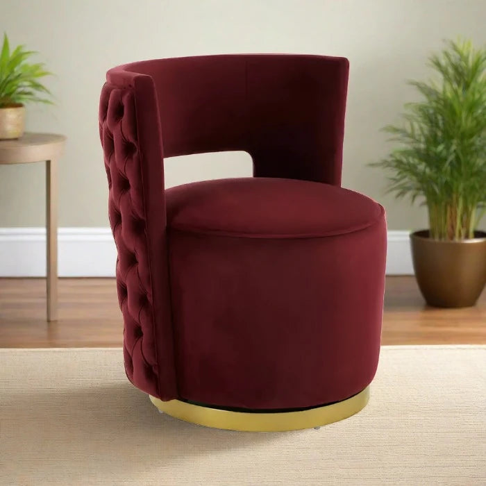 Bola Accent Chair, Quilted Wine Velvet, Gold Base