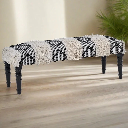Agadir Indoor Moroccan Bench, Black And White Terxtured Fabricv, Wood Legs