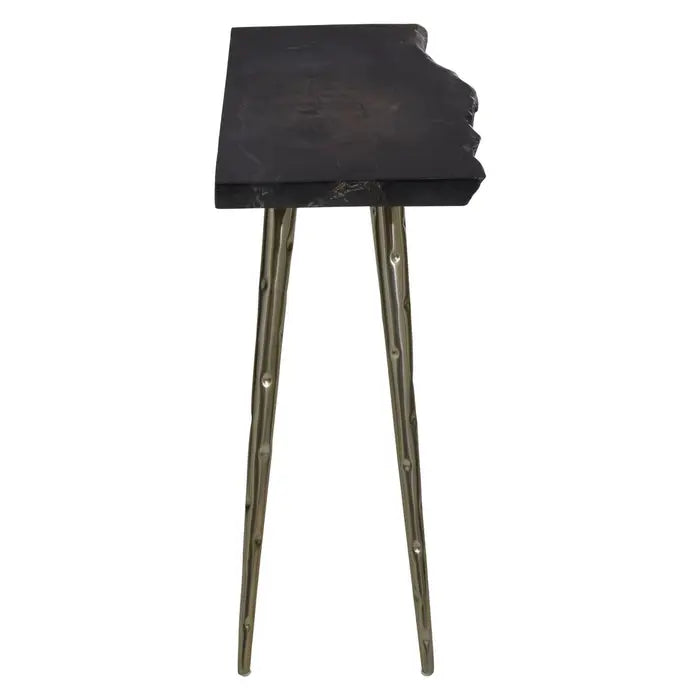 Relic Console Table, Stainless Steel Legs, Black Wood Top