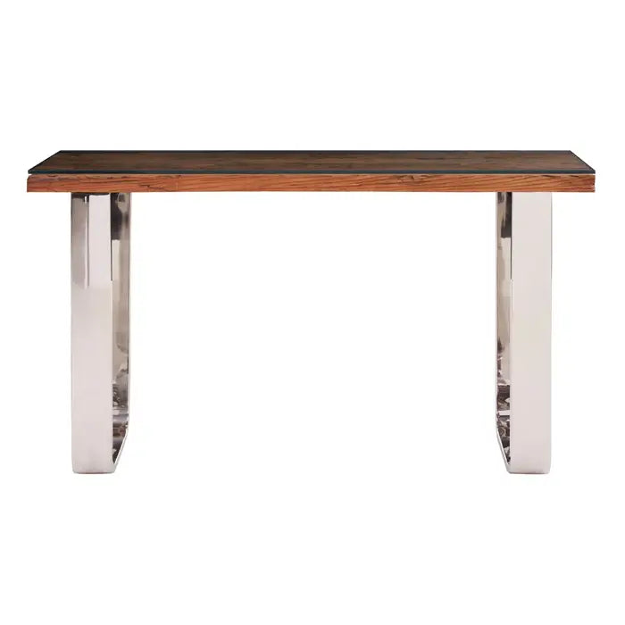 Kerala Console Table, U Shaped, Stainless Steel Legs, Natural Wood, Glass Top