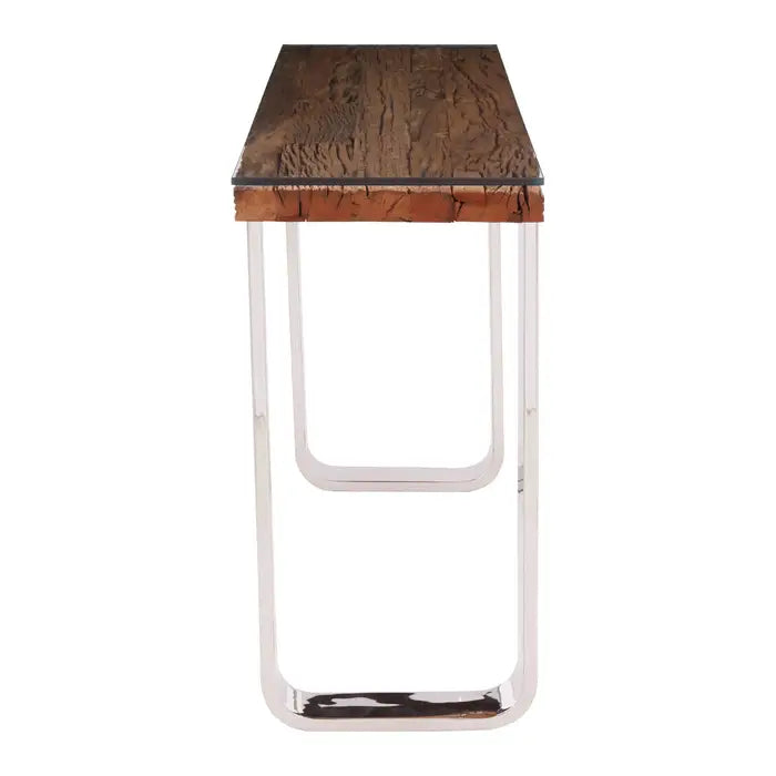 Kerala Console Table, U Shaped, Stainless Steel Legs, Natural Wood, Glass Top