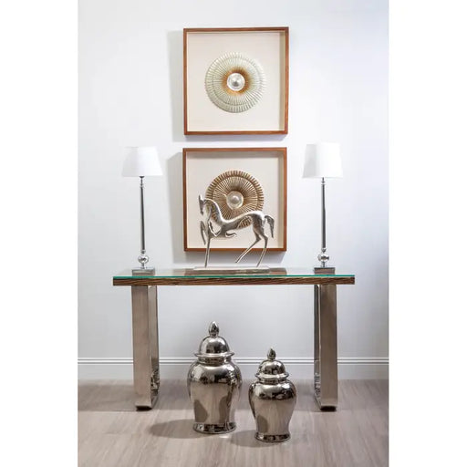 Kerala Console Table, U Shaped, Stainless Steel Legs, Natural Wood, Glass Top  
