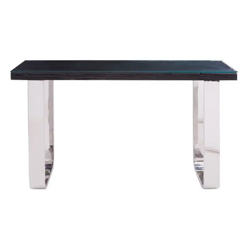 Kerala Small Console Table, U Shaped, Stainless Steel Legs, Black Wood, Glass Top