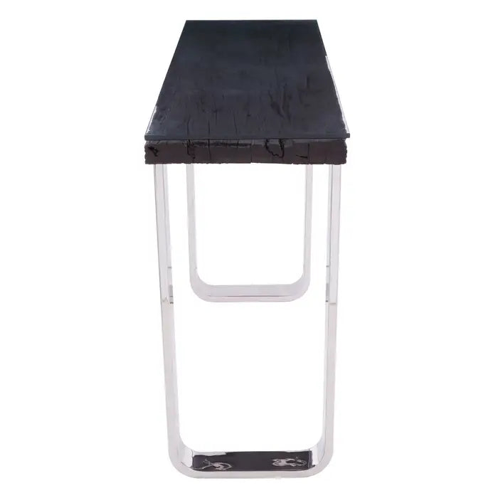 Kerala Small Console Table, U Shaped, Stainless Steel Legs, Black Wood, Glass Top