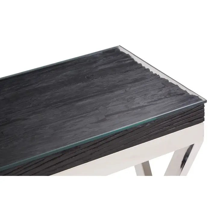 Kerala Console Table, Crossed, Stainless Steel Legs, Wood Top