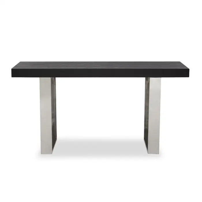 Ulmus Console Table, Black Elm Wood Top, Stainless Steel Legs