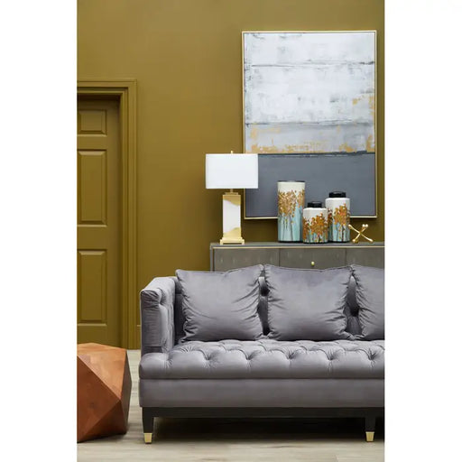 Sefira 3 Seater Sofa, Viola Pirate Grey Fabric, Button Tufting, Black Wooden Legs, Cushions