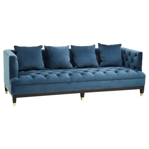 Sefira 3 Seater Sofa, Navy Blue Fabric, Black Wooden Legs, Cushions, Button Tufting