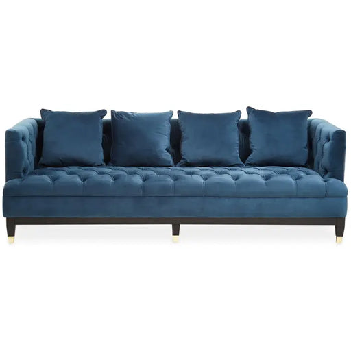 Sefira 3 Seater Sofa, Navy Blue Fabric, Black Wooden Legs, Cushions, Button Tufting