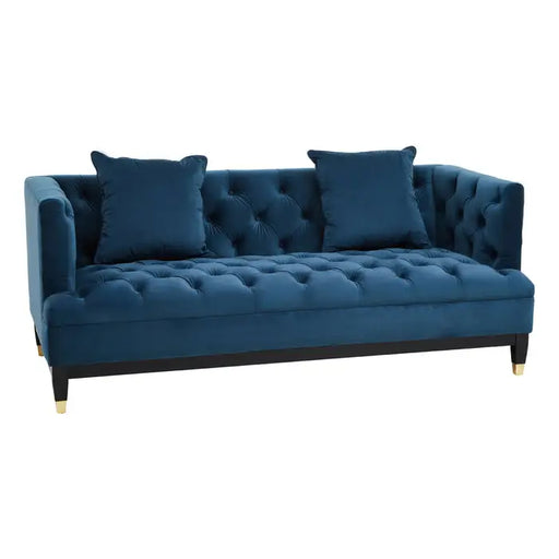Sefira 2 Seater Sofa, Navy Blue Fabric, Cushions, Black Wooden Legs, Button Tufting