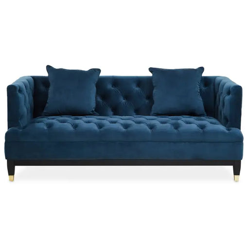Sefira 2 Seater Sofa, Navy Blue Fabric, Cushions, Black Wooden Legs, Button Tufting