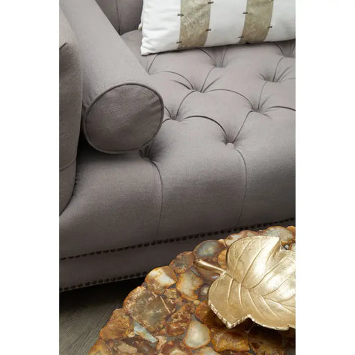 Surina 3 Seater Sofa, Grey Fabric, Carved Wooden Feet, Button Tufted, Rolled Cushions, Low Back