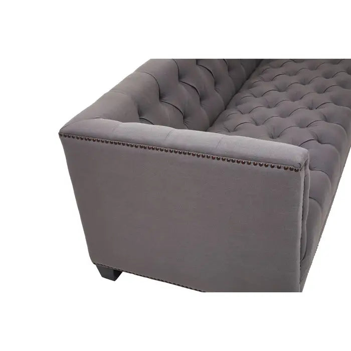 Surina 3 Seater Sofa, Grey Fabric, Carved Wooden Feet, Button Tufted, Rolled Cushions, Low Back