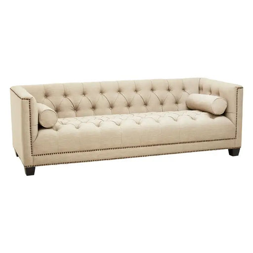 Surina 3 Seater Sofa, Stone Fabric, Button Tufted, Wooden Feet,  Rolled Cushions, Low Back