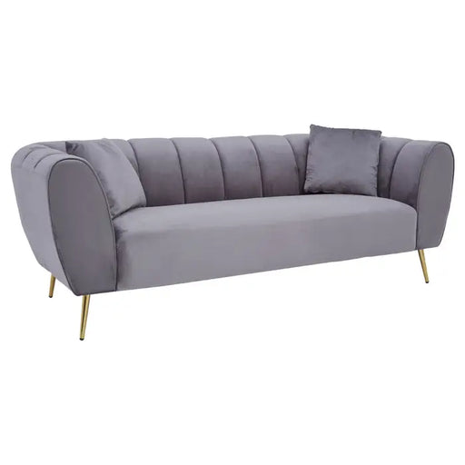 Florine Three Seater Sofa, Grey Velvet, Gold Metal Legs, Two Matching Cushions, Flared Arms