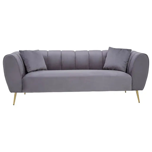 Florine Three Seater Sofa, Grey Velvet, Gold Metal Legs, Two Matching Cushions, Flared Arms