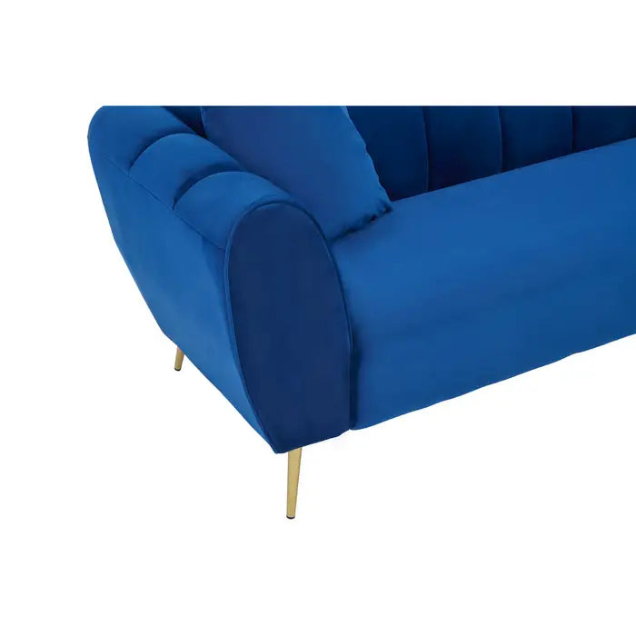 Florine 3 Seater Sofa, Midnight Blue Velvet, Gold Metal Legs, Two Matching Cushions