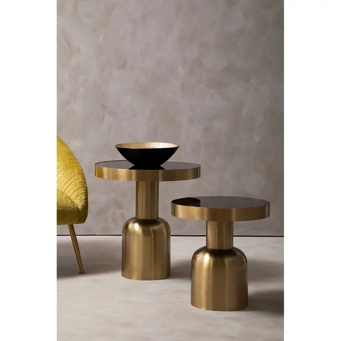 Corra Side Table, Gold Metal, Black Round Glass Top