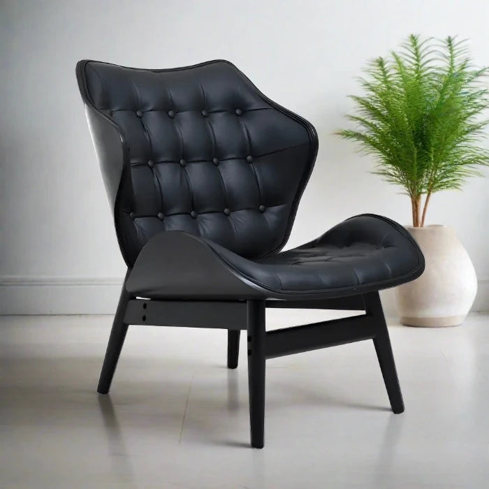 Vinsi Faux Black Leather &  Black Elmwood Accent Chair