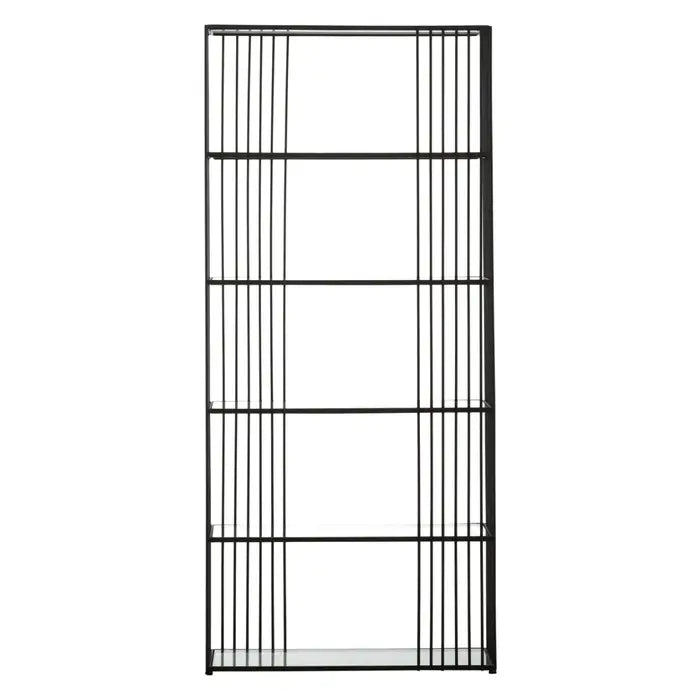 Trento Five Tier Floor Shelf, Bookshelf, Iron Frame, Rectangular, Clear Glass Shelves
