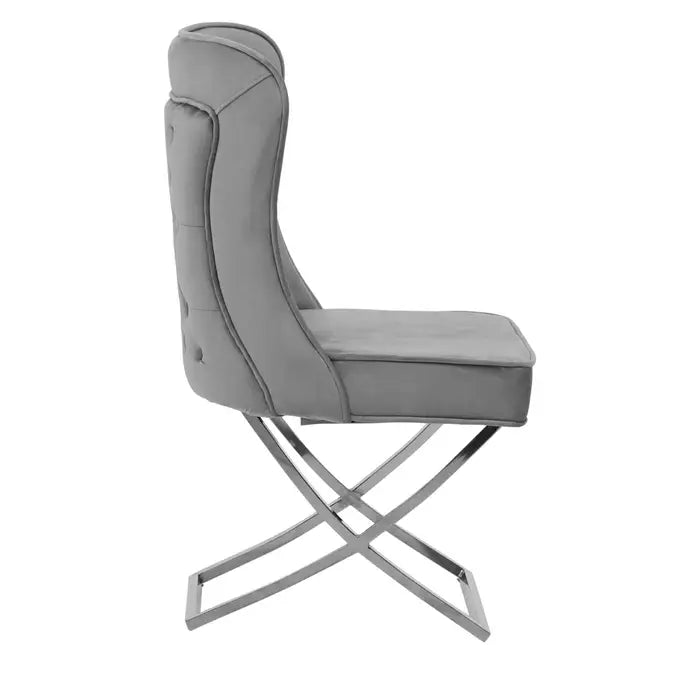 Benton Button Dining Chair In Grey Velvet & Chrome Legs Dining Chair
