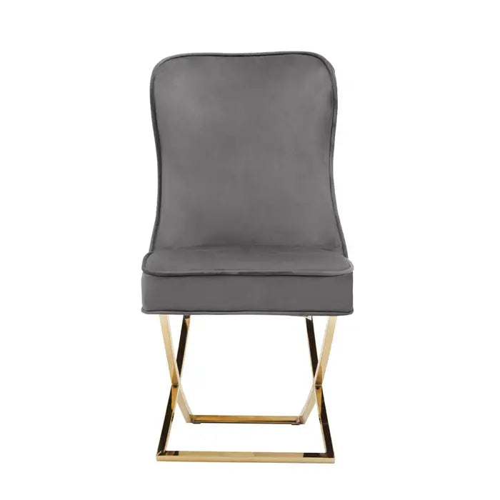 Benton Button Dining Chair In Grey Velvet & Gold Legs