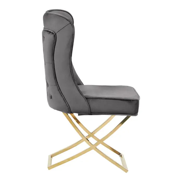 Benton Button Dining Chair In Grey Velvet & Gold Legs