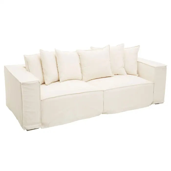 Marseille 3 Seater Sofa, Cream Linen Fabric, Low Back, Matching Cushions