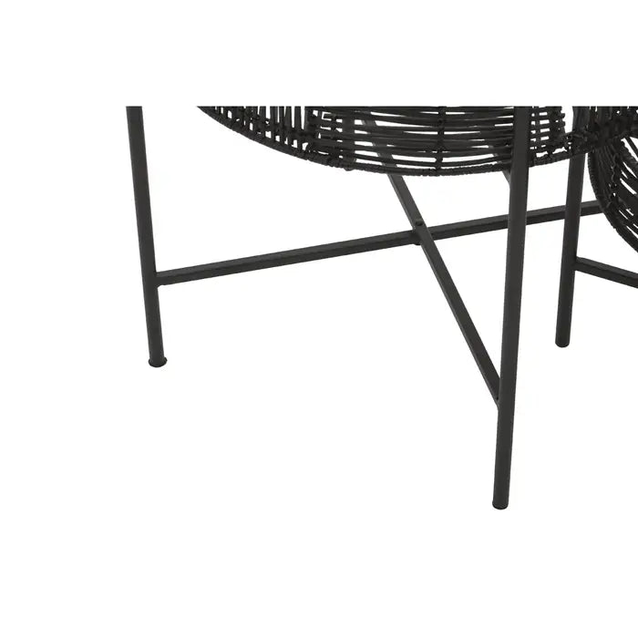 Batu Side Tables, Black Metal Frame, Round Black Rattan Top,  S/2
