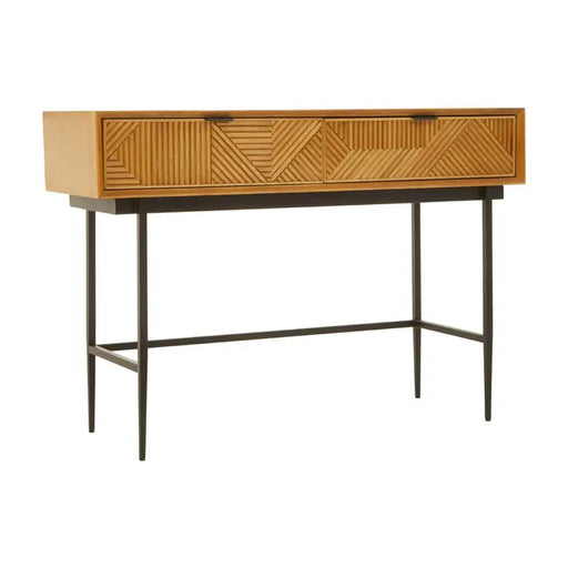 Jakara Console Table, Black Finish, Metal Legs, Natural Wooden, Single Shelf, Two Drawers