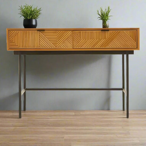 Jakara Console Table, Black Finish, Metal Legs, Natural Wooden, Single Shelf, Two Drawers