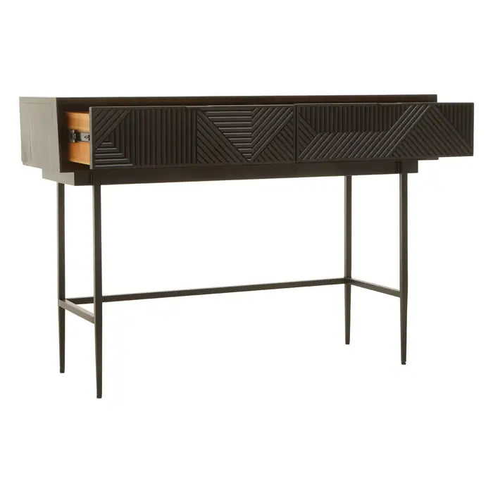 Jakara Console Table, Black Finish, Metal Legs, Wooden, Single Shelf, Two Drawers